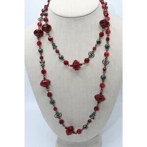 Vintage Red Beaded Necklace Czech Glass Lucite Gunmetal 40 Inch